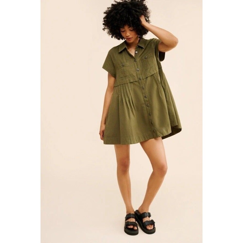 Free People We The Free Ronnie Poplin Mini Dress Buttondown Green S 285975 - Picture 3 of 8
